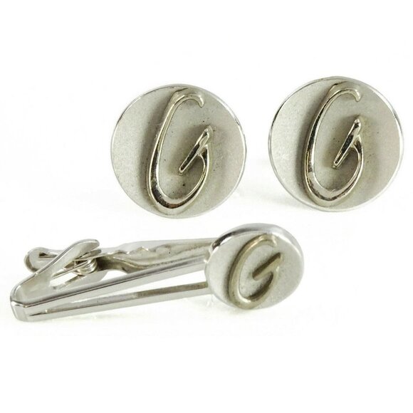 Swank Letter G Initial Cufflinks Set w Tie Clip Bar Vintage Silvertone Monogram - Picture 3 of 6